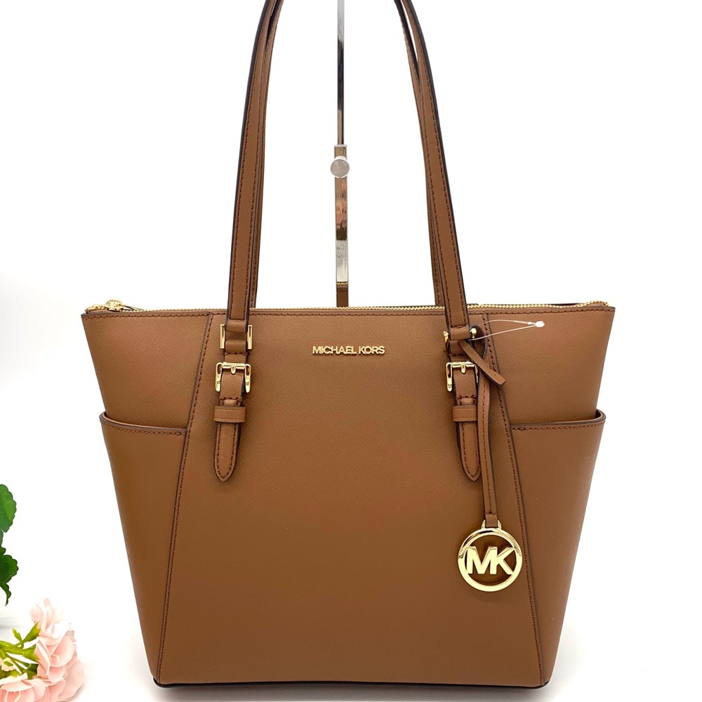 Michael Kors Charlotte Large Saffiano Leather Top-Zip Tote Bag in Luggage